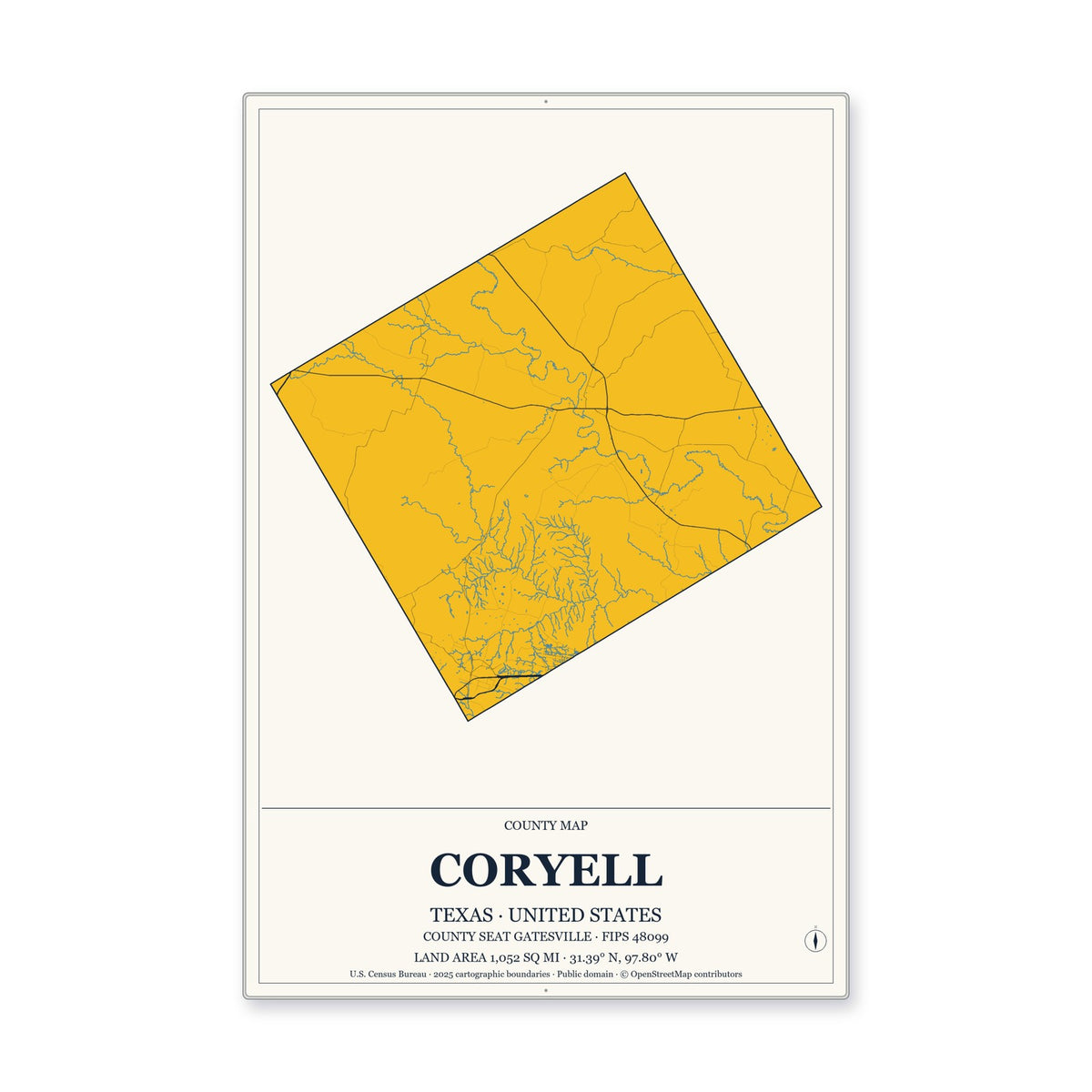 Coryell County, Texas Map Aluminum Sign in Citrine Modern style