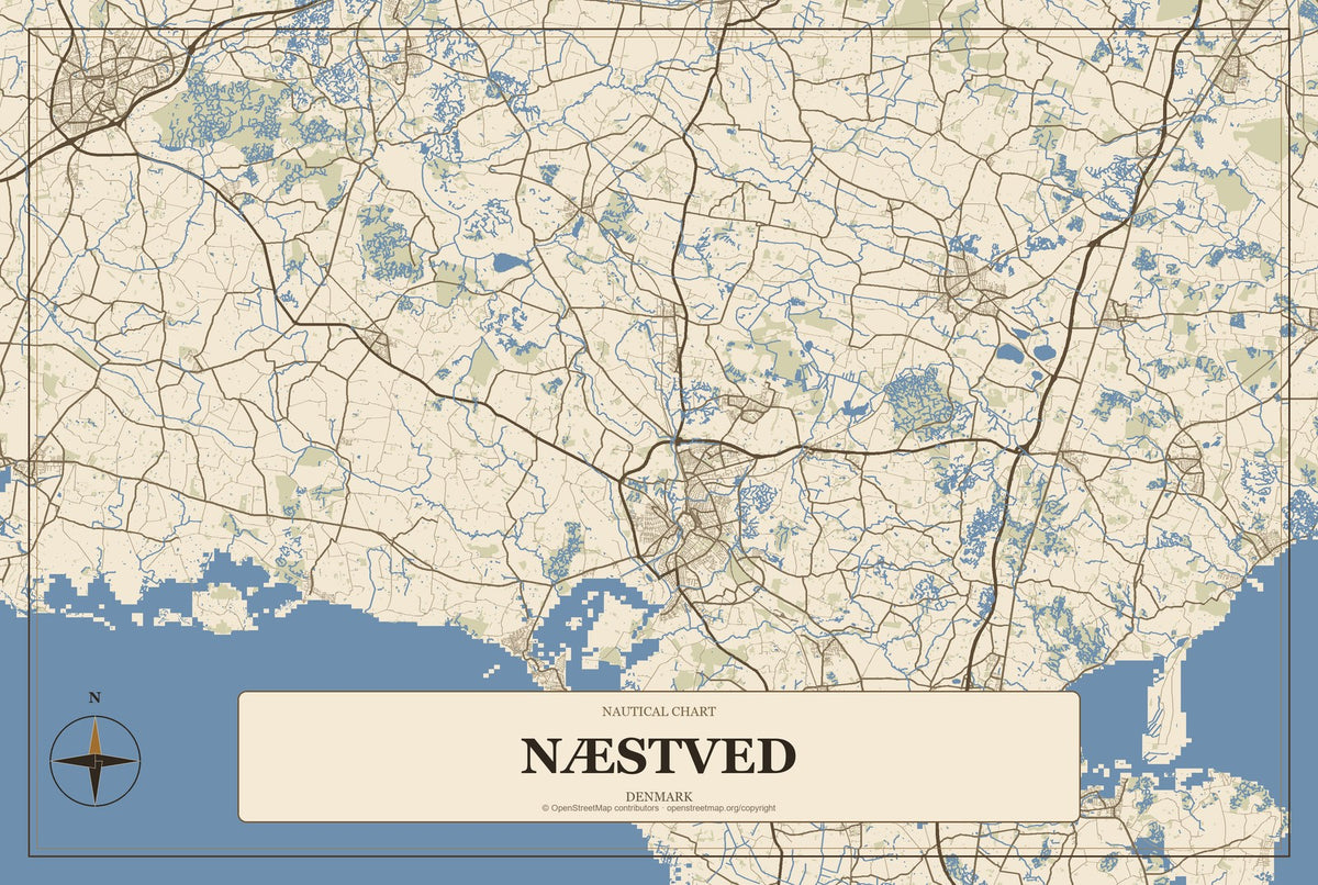 Næstved, Denmark City Map Aluminum Sign in Heritage Nautical style