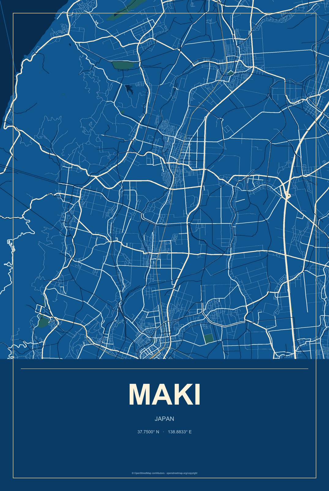 Maki, Japan City Map Aluminum Sign in Harbor Cobalt style