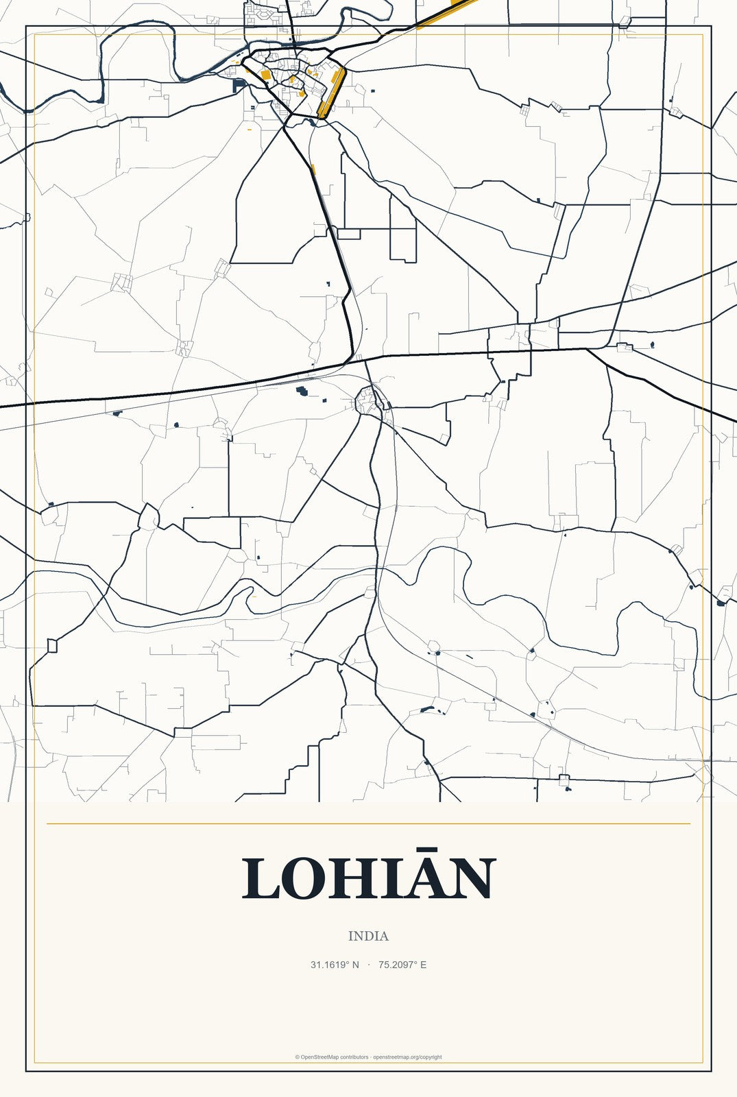 Lohiān, India City Map Aluminum Sign in Citrine Modern style