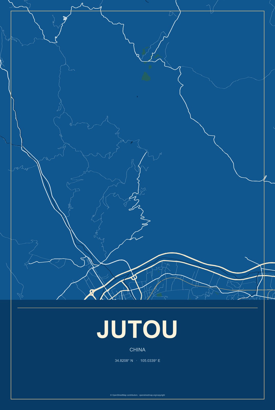 Jutou, China City Map Aluminum Sign in Harbor Cobalt style