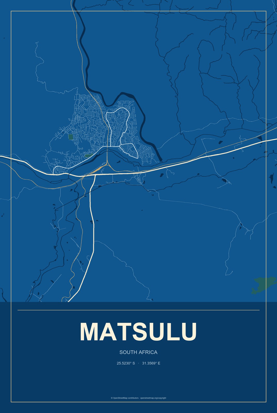 Matsulu, South Africa City Map Aluminum Sign in Harbor Cobalt style