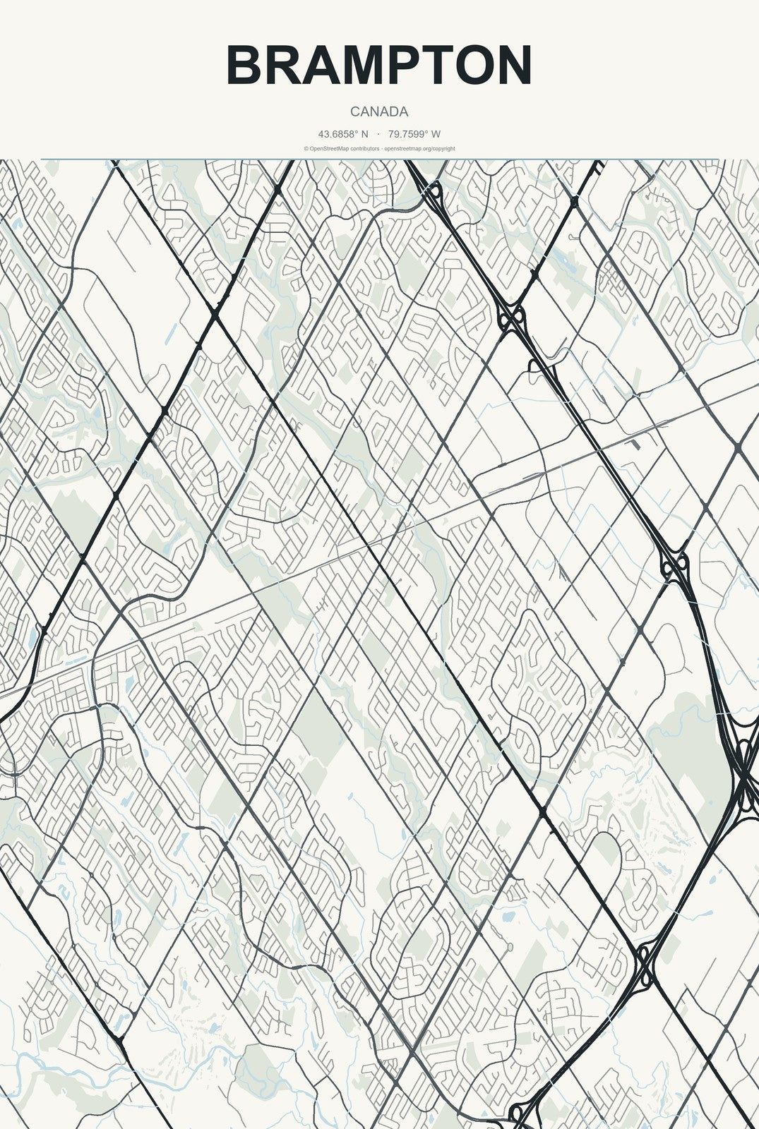 Brampton, Canada City Map Aluminum Sign in Headline Atlas style