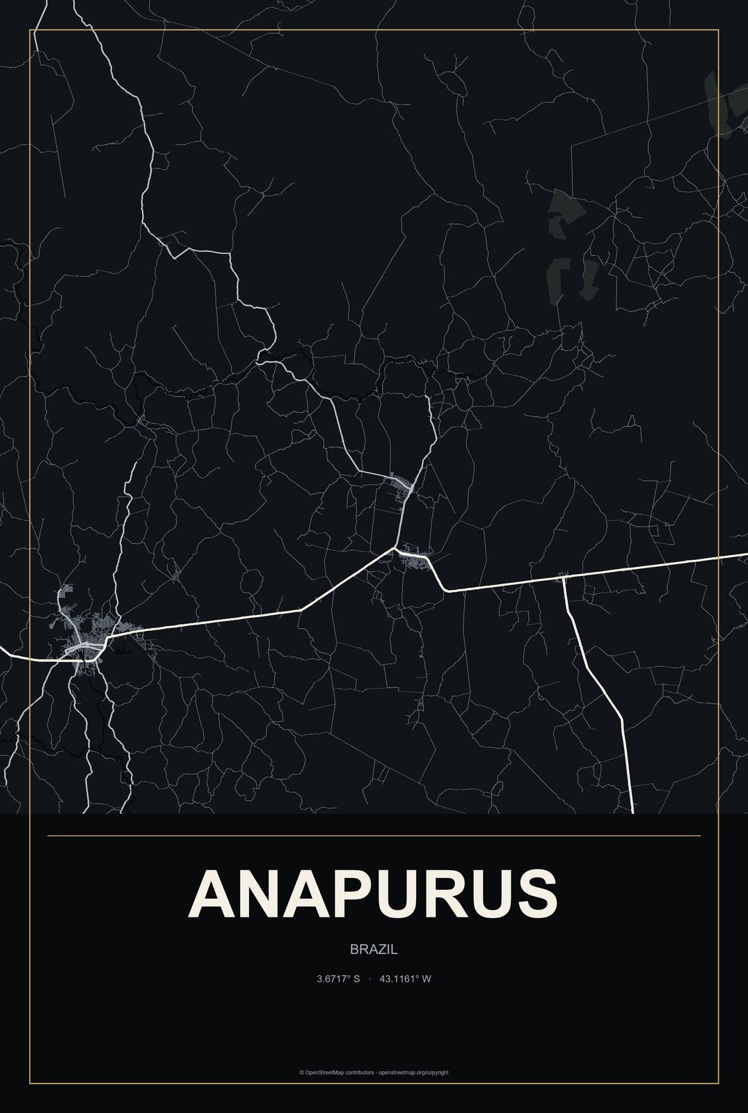 Anapurus, Brazil City Map Aluminum Sign in Metropolitan Noir style
