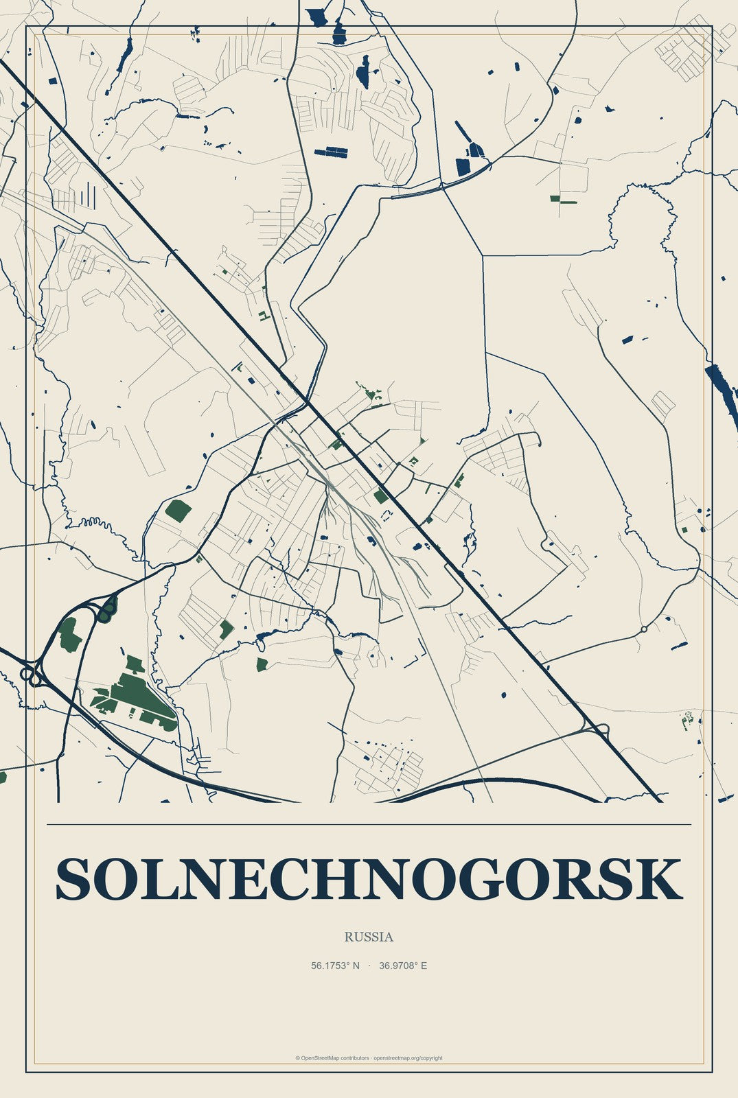 Solnechnogorsk, Russia City Map Aluminum Sign in Coastal Cutout style