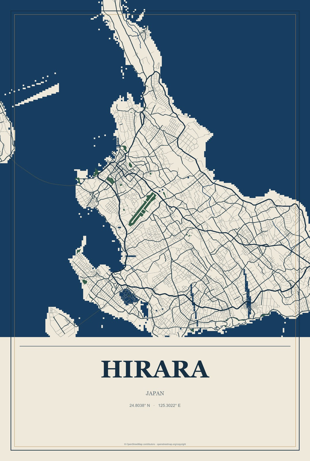 Hirara, Japan City Map Aluminum Sign in Coastal Cutout style