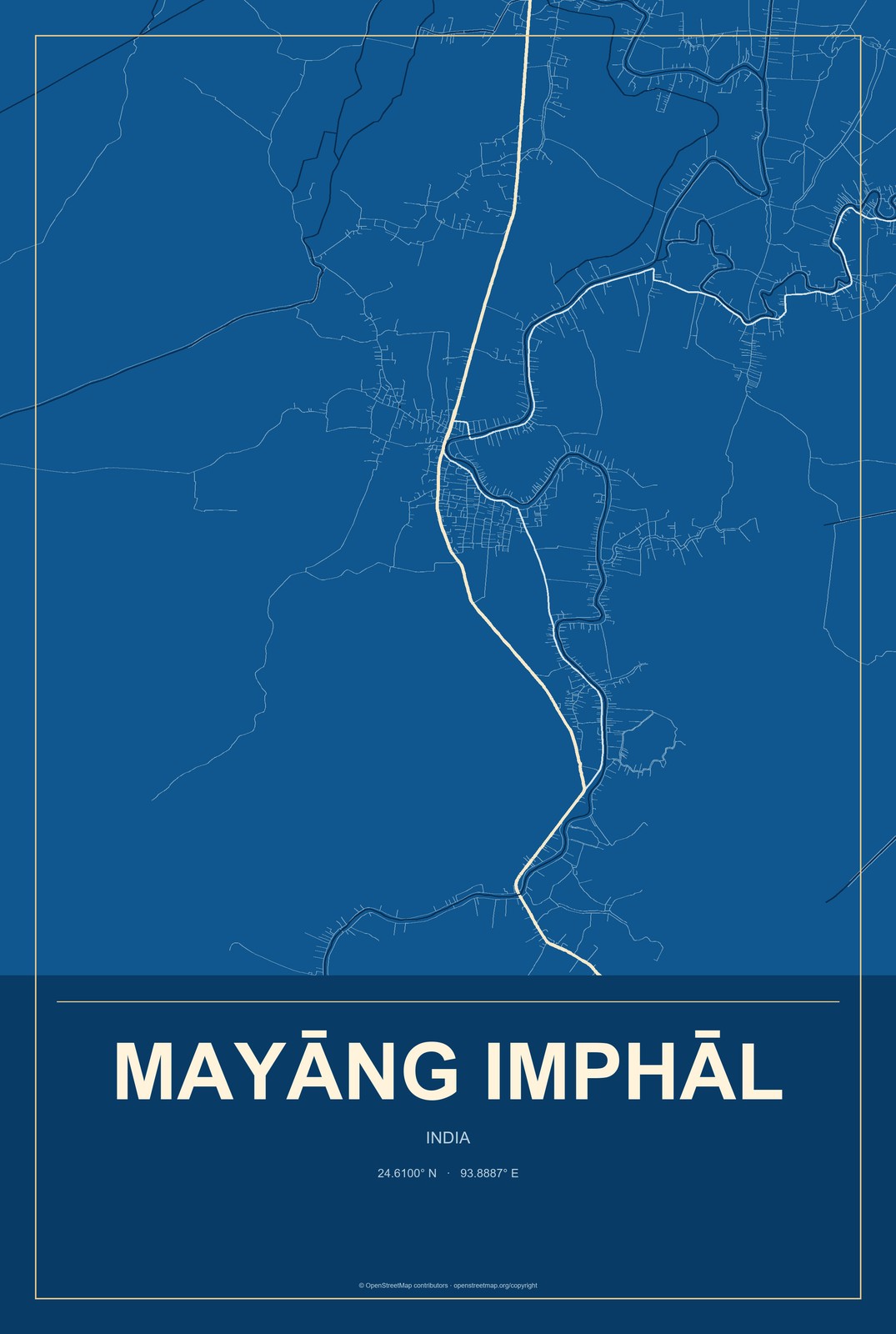Mayāng Imphāl, India City Map Aluminum Sign in Harbor Cobalt style