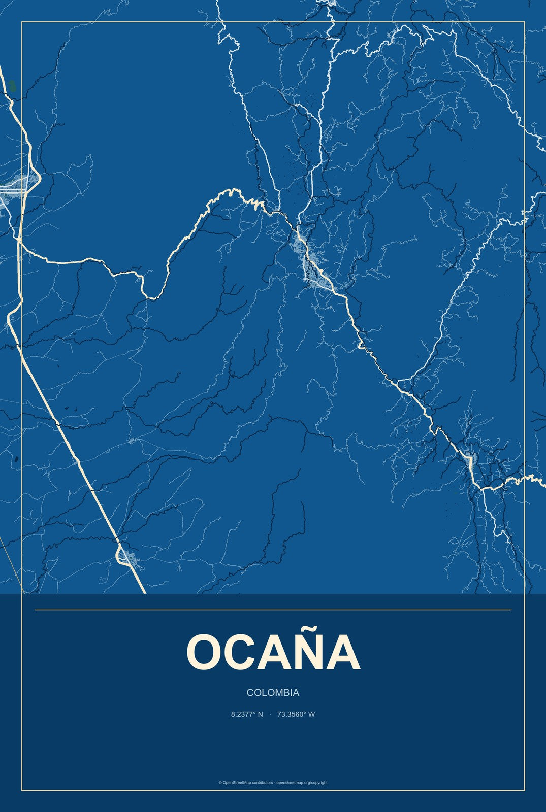 Ocaña, Colombia City Map Aluminum Sign in Harbor Cobalt style