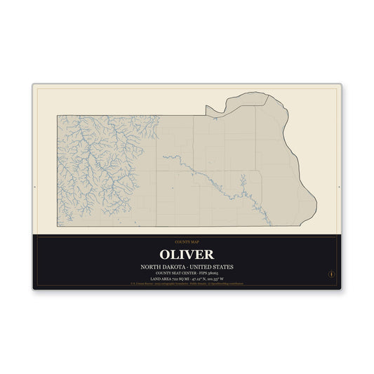 Oliver County, North Dakota Map Aluminum Sign in Museum Plaque style