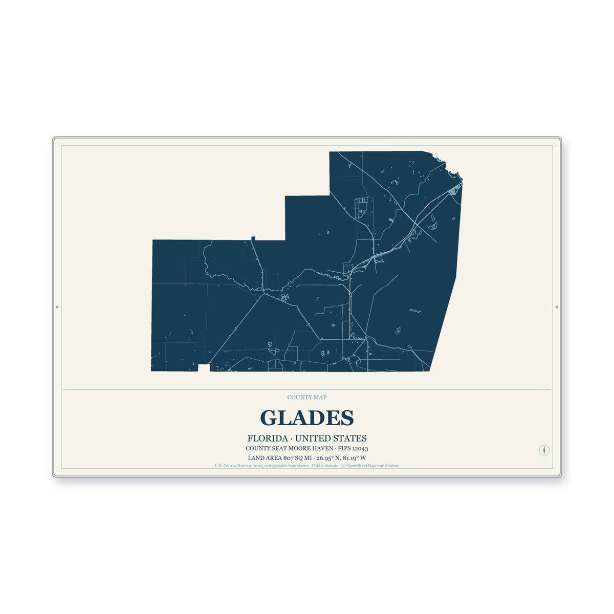 Glades County, Florida Map Aluminum Sign in Coastal Cutout style