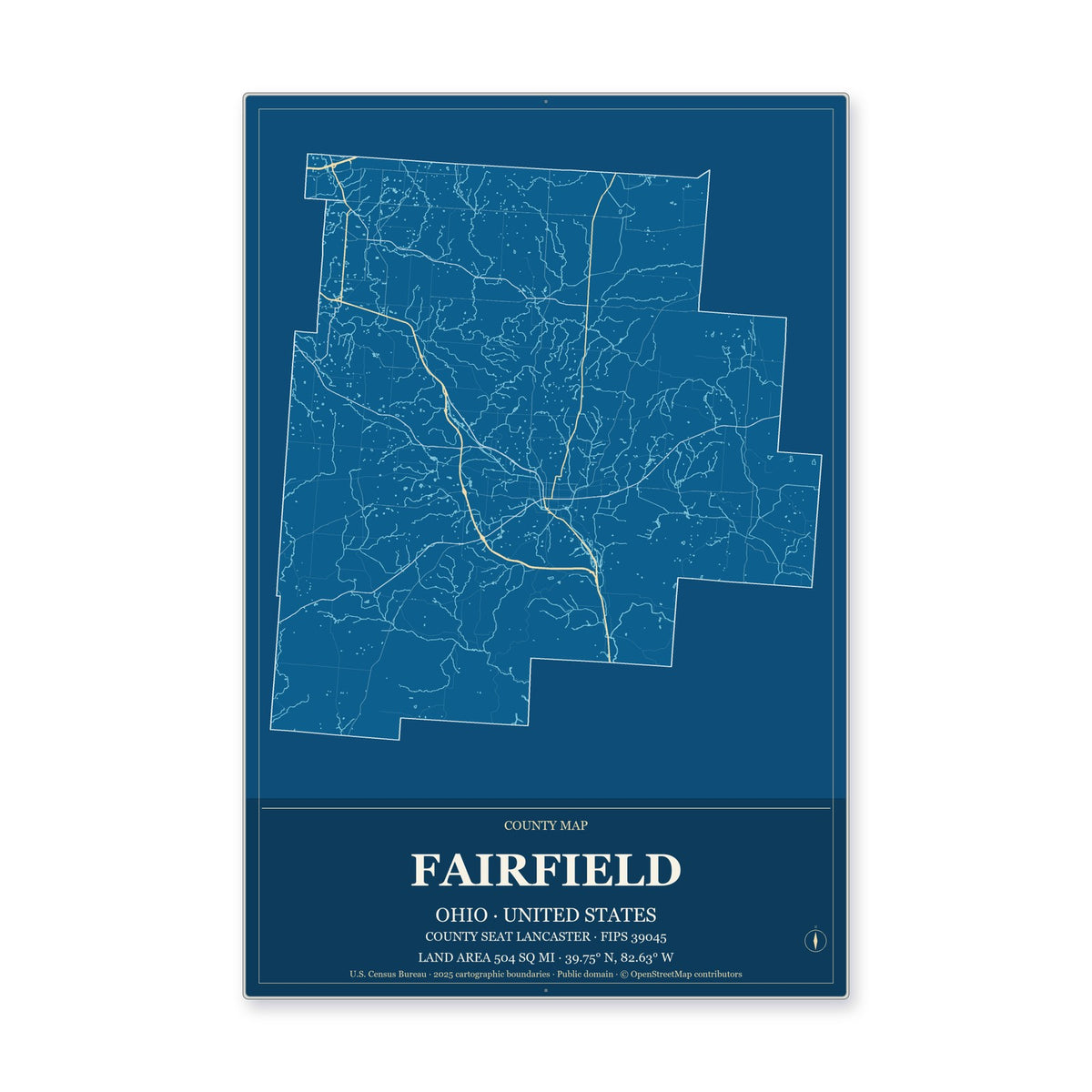 Fairfield County, Ohio Map Aluminum Sign in Harbor Cobalt style
