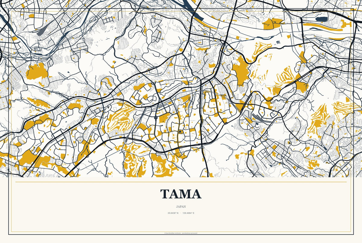Tama, Japan City Map Aluminum Sign in Citrine Modern style