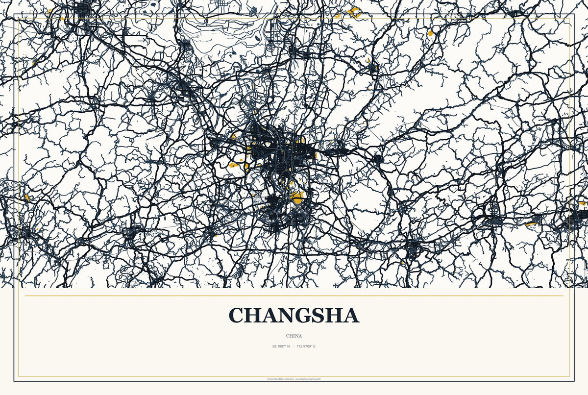 Changsha, Hunan, China City Map Aluminum Sign in Citrine Modern style