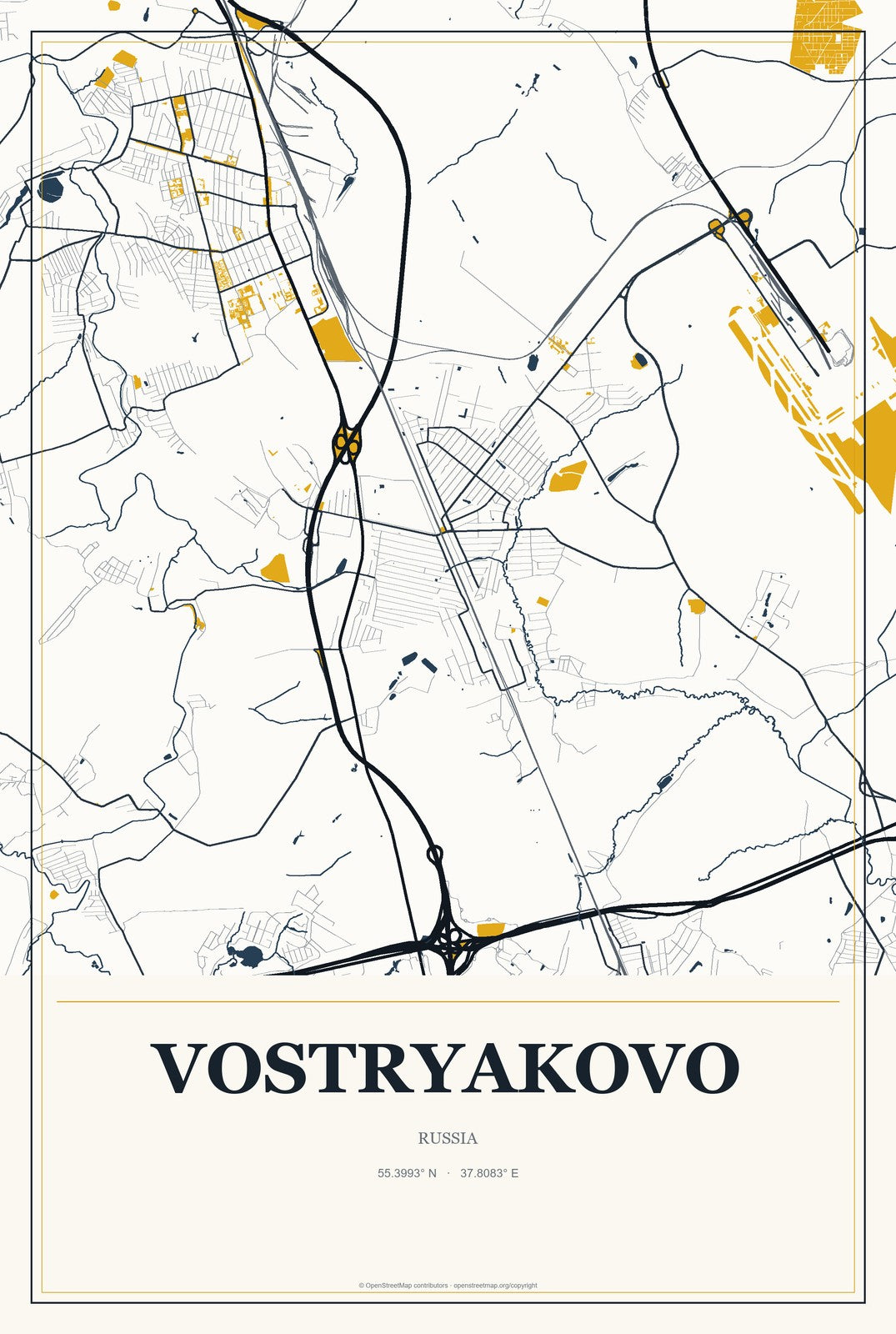 Vostryakovo, Russia City Map Aluminum Sign in Citrine Modern style