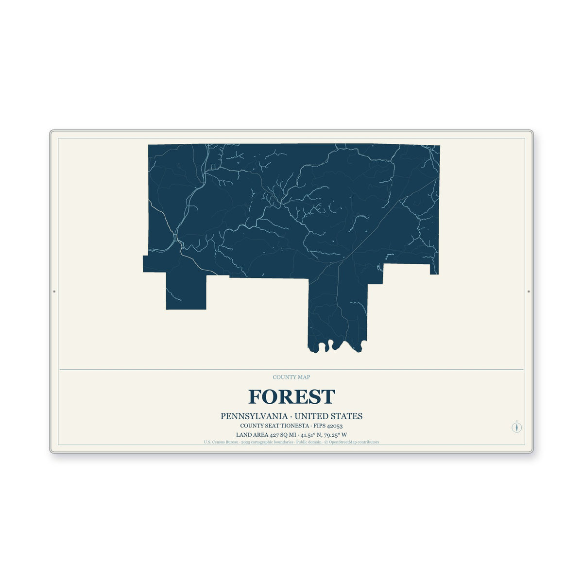 Forest County, Pennsylvania Map Aluminum Sign in Coastal Cutout style