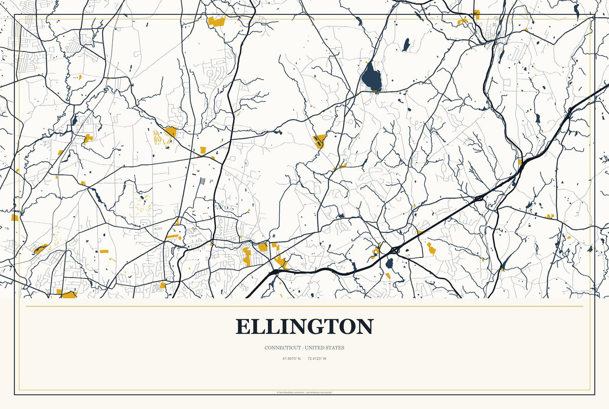 Ellington, Connecticut City Map Aluminum Sign in Citrine Modern style
