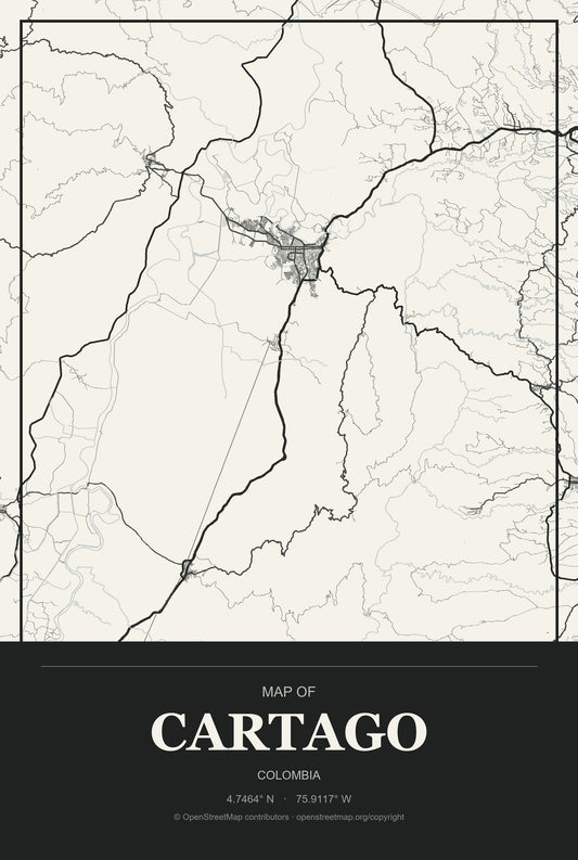 Cartago, Colombia City Map Aluminum Sign in Museum Plaque style