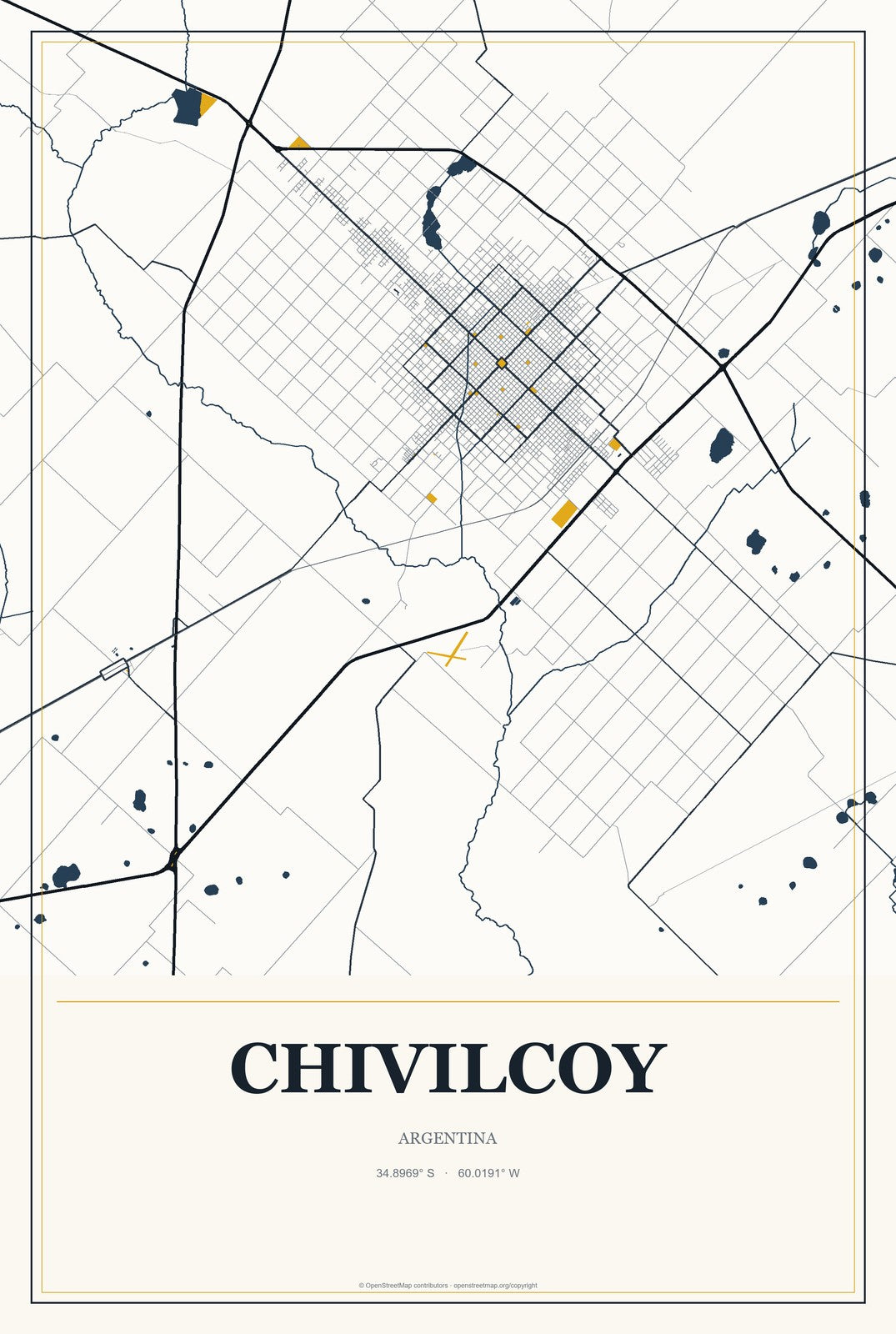 Chivilcoy, Argentina City Map Aluminum Sign in Citrine Modern style
