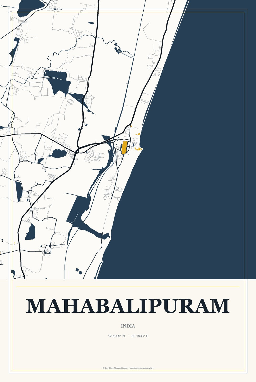 Mahabalipuram, India City Map Aluminum Sign in Citrine Modern style