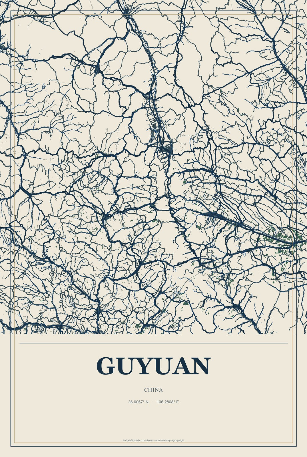 Guyuan, China City Map Aluminum Sign in Coastal Cutout style