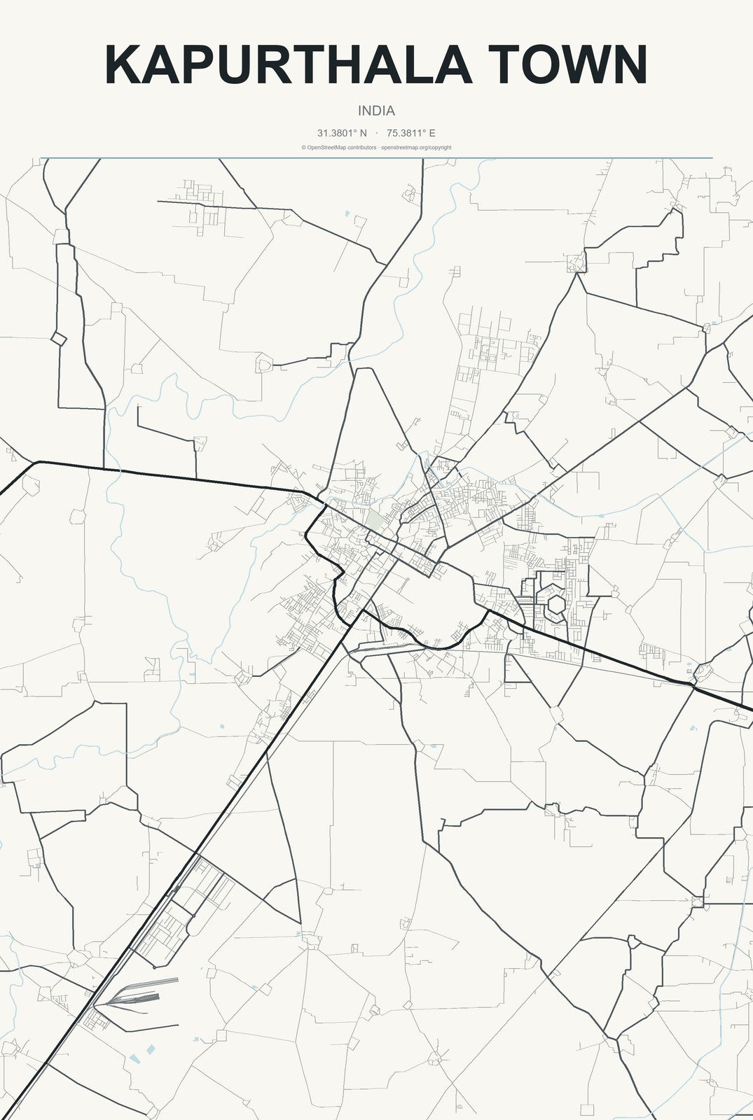 Kapurthala Town, India City Map Aluminum Sign in Headline Atlas style