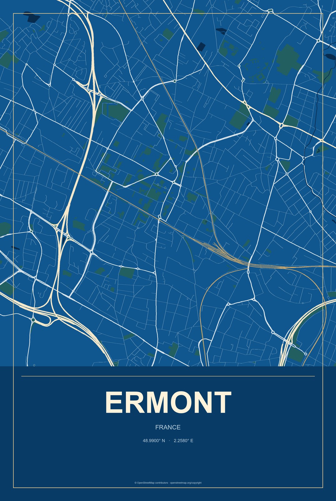 Ermont, France City Map Aluminum Sign in Harbor Cobalt style