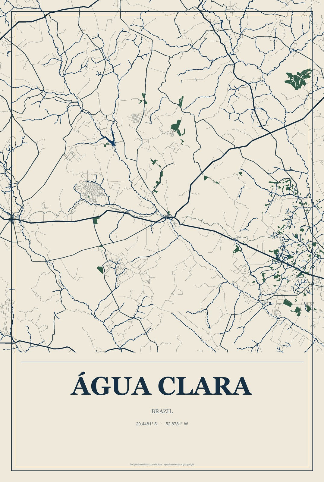 Água Clara, Brazil City Map Aluminum Sign in Coastal Cutout style