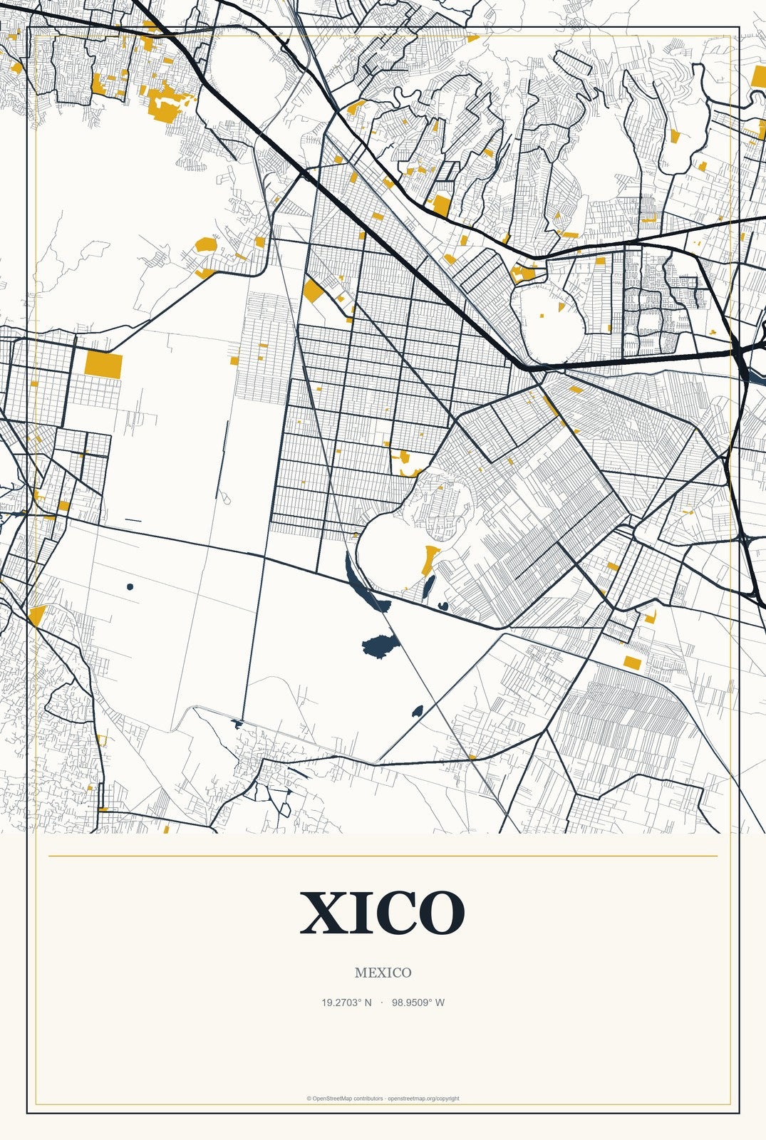 Xico, Veracruz, Mexico City Map Aluminum Sign in Citrine Modern style