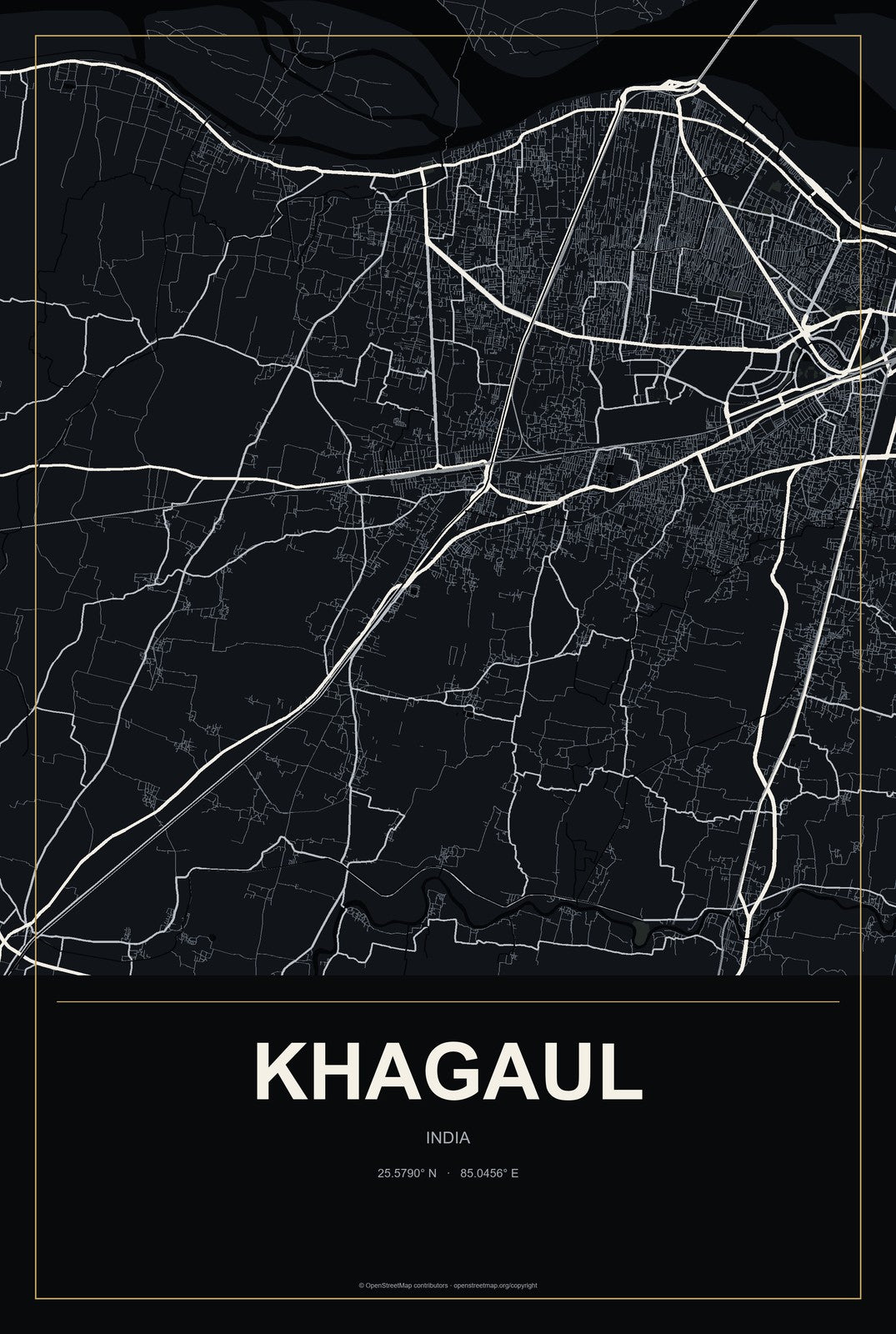 Khagaul, India City Map Aluminum Sign in Metropolitan Noir style
