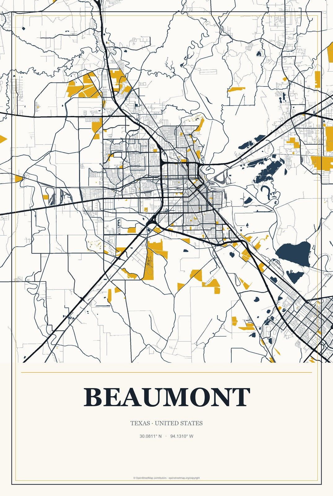 Beaumont, Texas City Map Aluminum Sign in Citrine Modern style