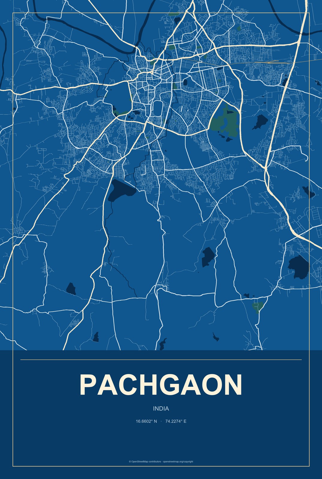 Pachgaon, India City Map Aluminum Sign in Harbor Cobalt style