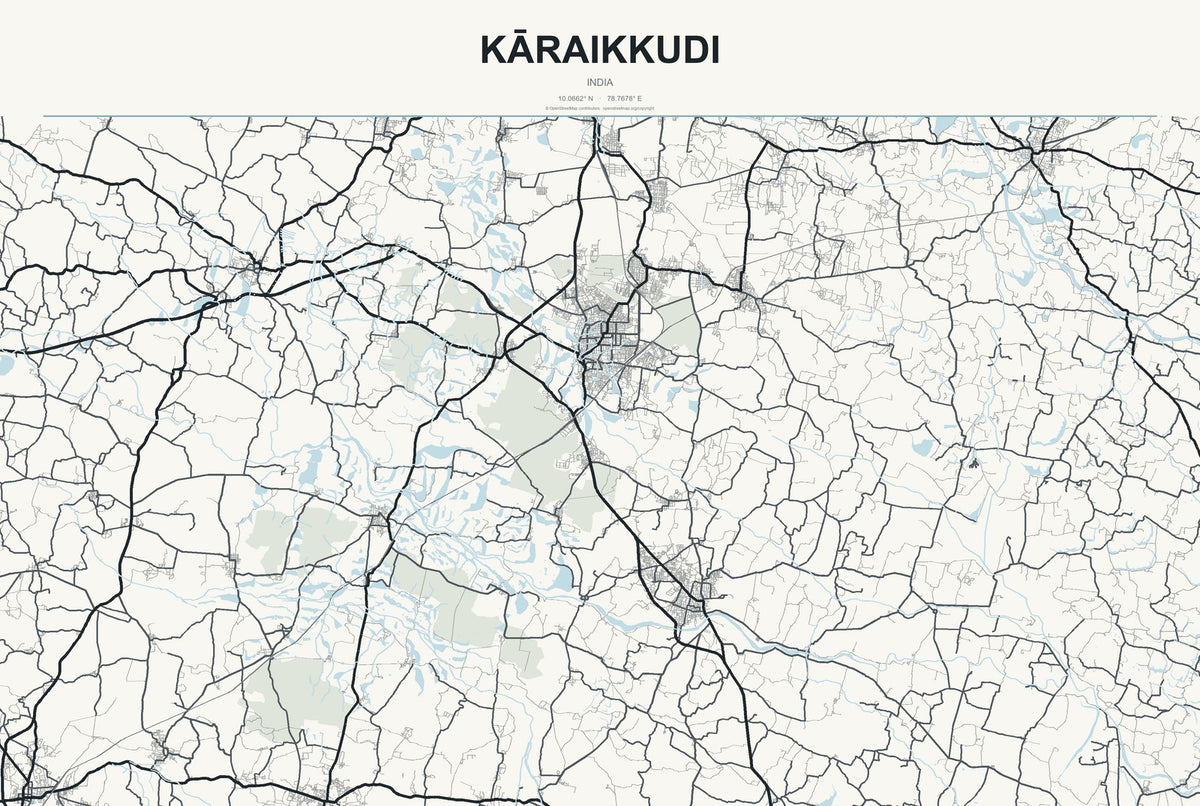 Kāraikkudi, India City Map Aluminum Sign in Headline Atlas style