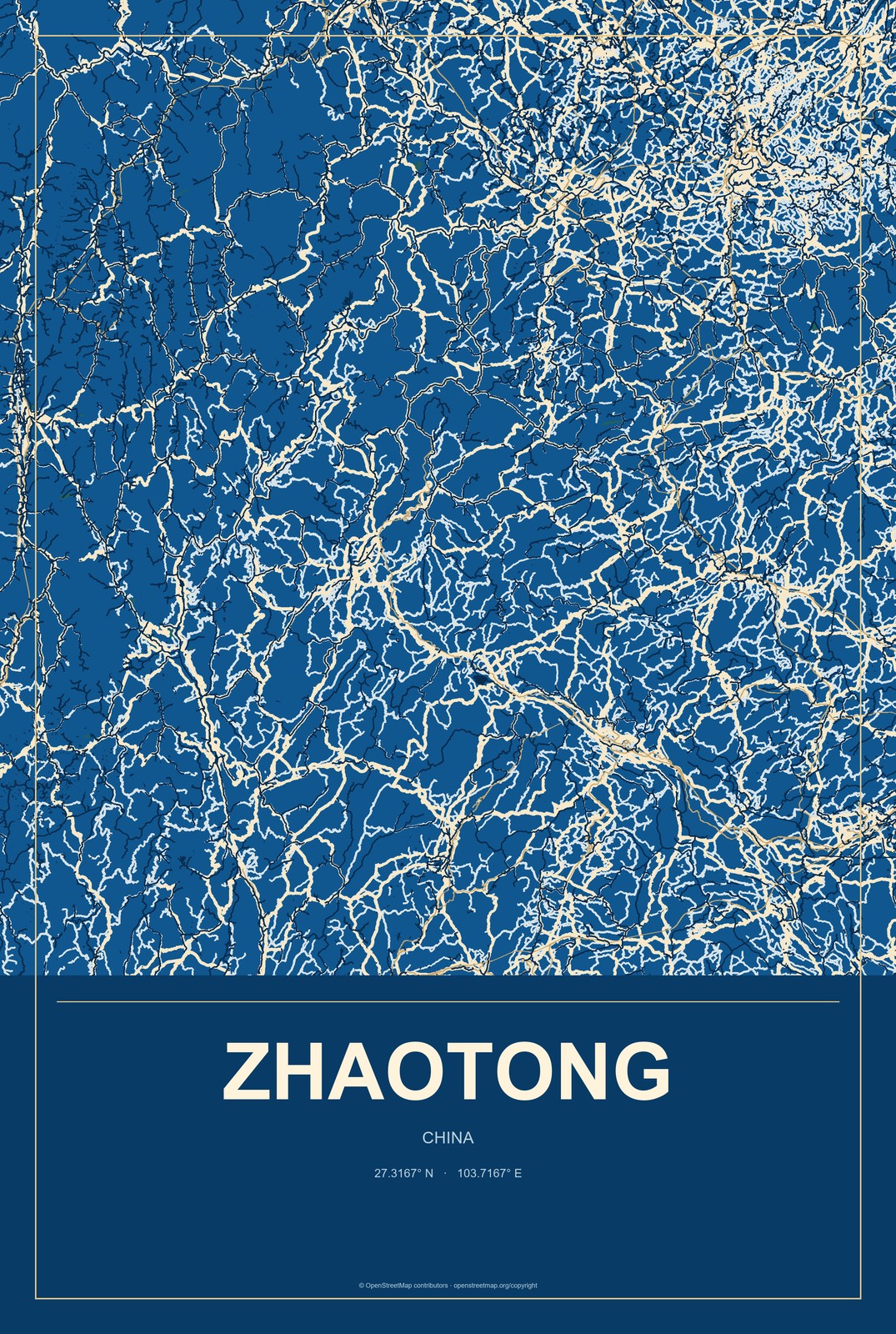 Zhaotong, China City Map Aluminum Sign in Harbor Cobalt style
