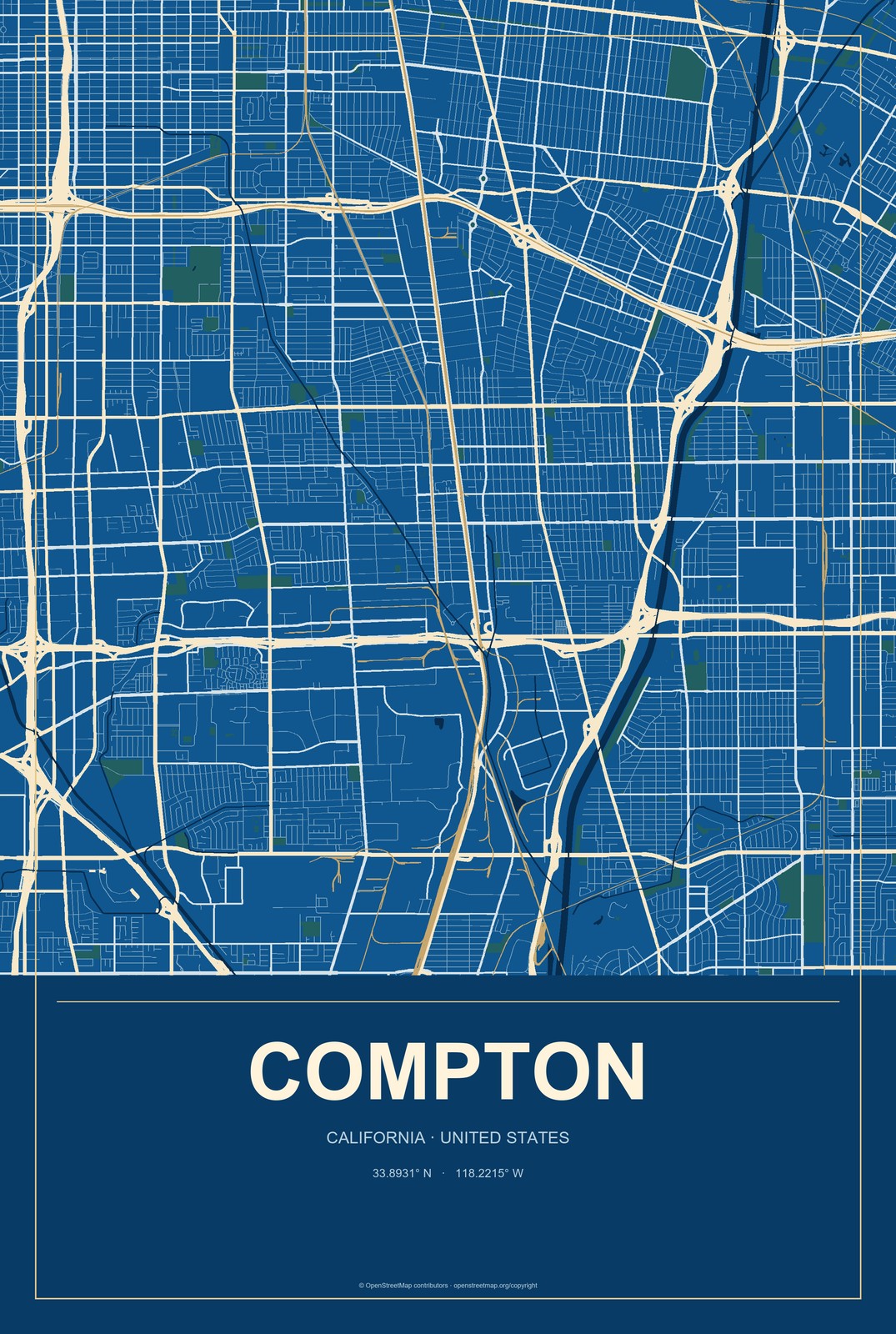 Compton, California City Map Aluminum Sign in Harbor Cobalt style