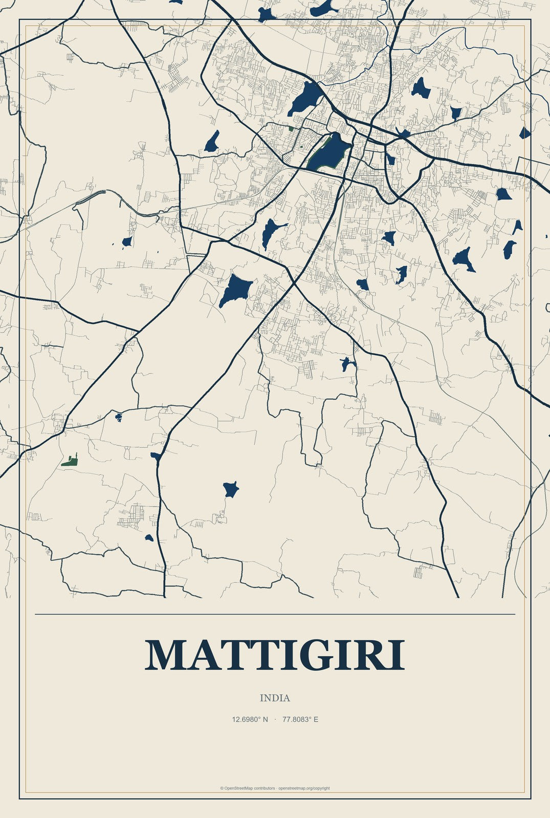 Mattigiri, India City Map Aluminum Sign in Coastal Cutout style