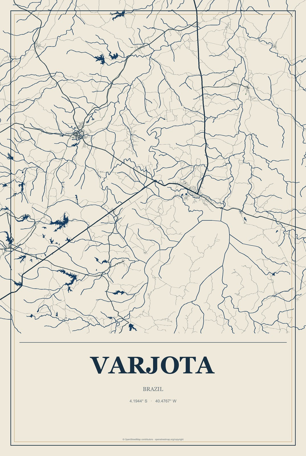 Varjota, Brazil City Map Aluminum Sign in Coastal Cutout style