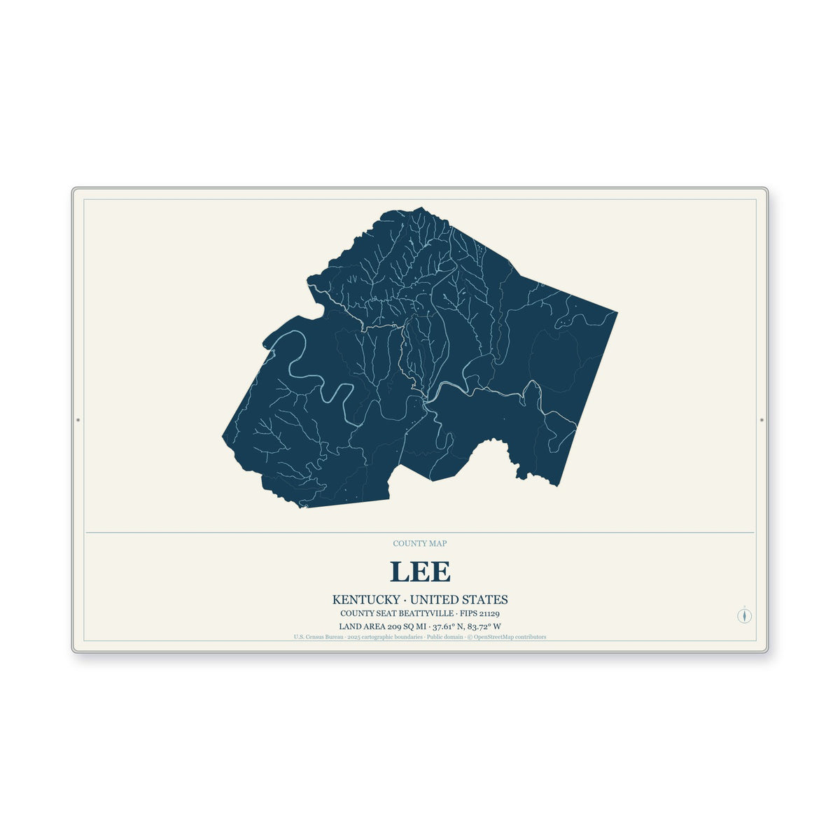 Lee County, Kentucky Map Aluminum Sign in Coastal Cutout style