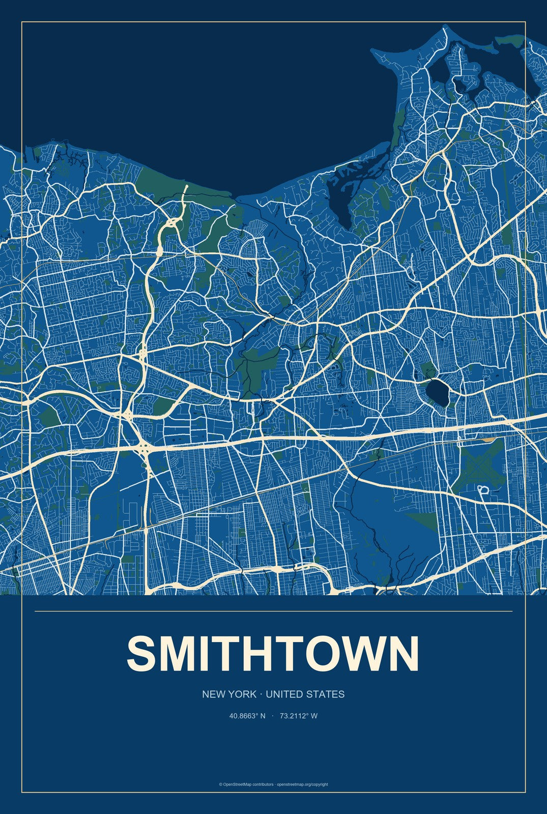 Smithtown, New York City Map Aluminum Sign in Harbor Cobalt style