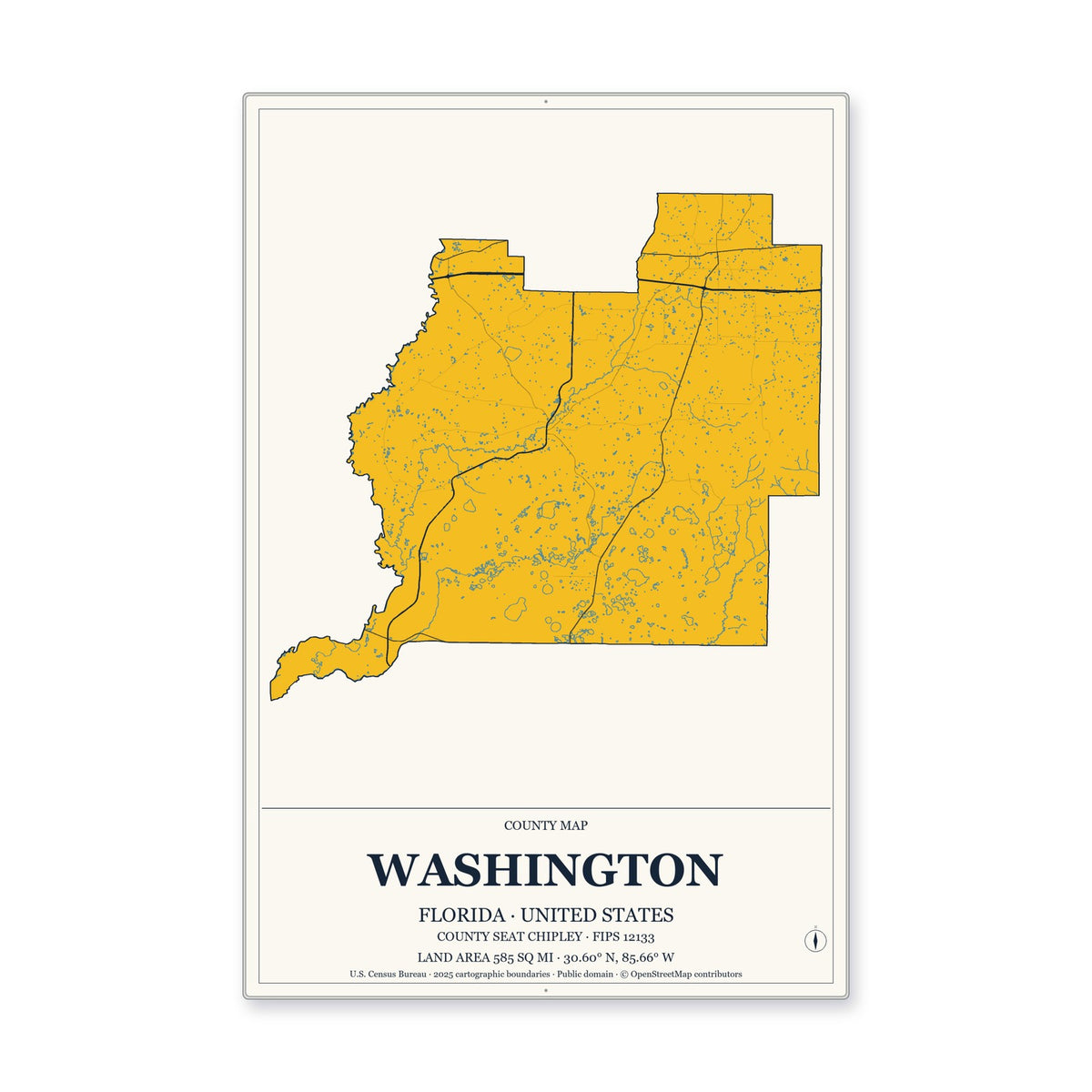 Washington County, Florida Map Aluminum Sign in Citrine Modern style