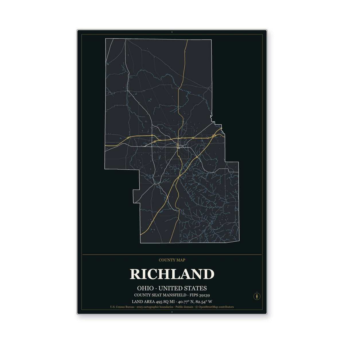 Richland County, Ohio Map Aluminum Sign in Metropolitan Noir style