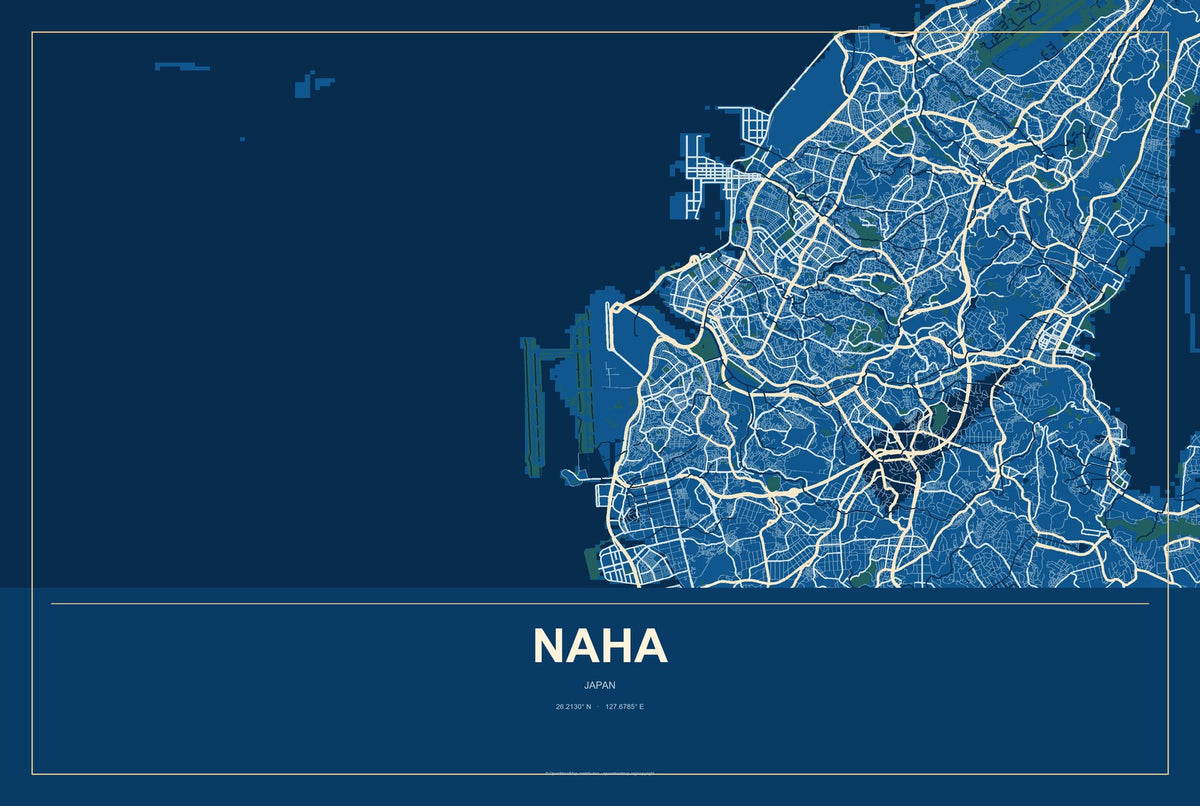 Naha, Japan City Map Aluminum Sign in Harbor Cobalt style