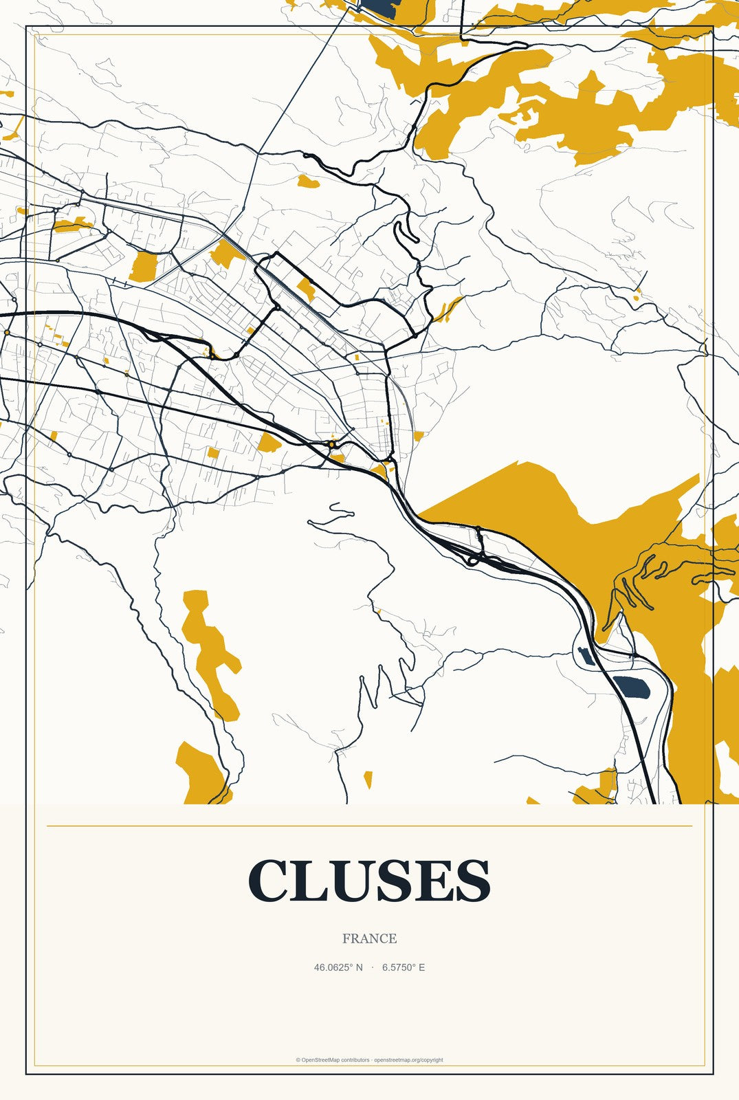 Cluses, France City Map Aluminum Sign in Citrine Modern style