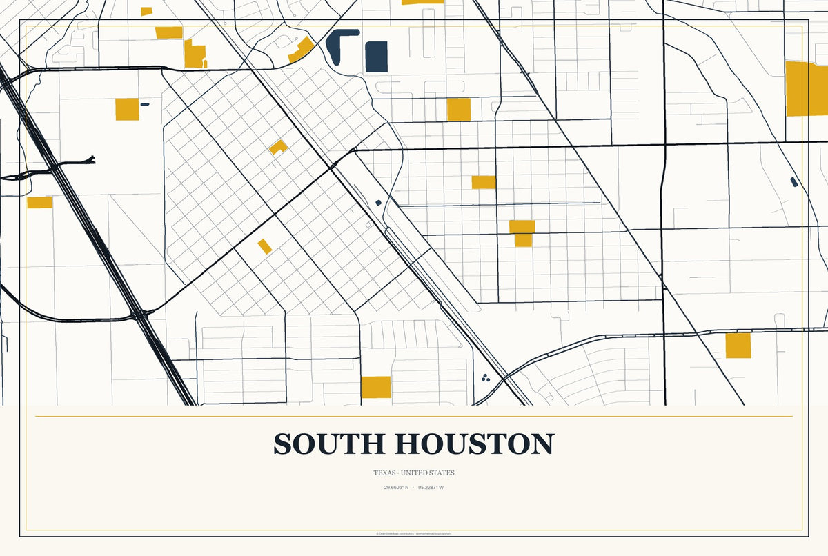 South Houston, Texas City Map Aluminum Sign in Citrine Modern style