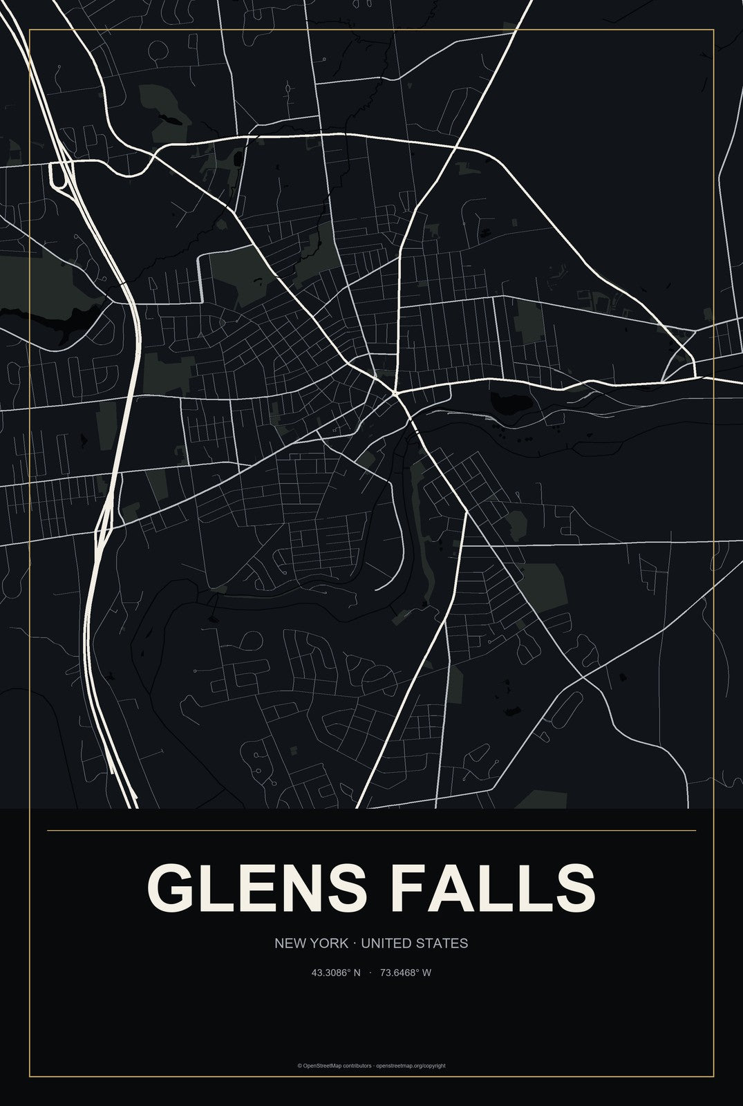 Glens Falls, New York City Map Aluminum Sign in Metropolitan Noir style