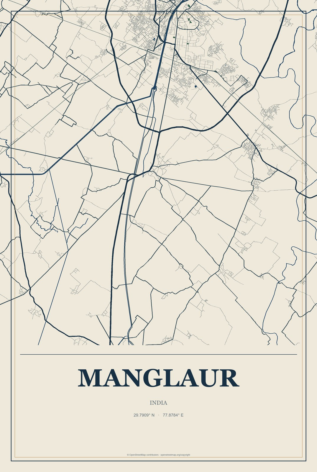 Manglaur, India City Map Aluminum Sign in Coastal Cutout style