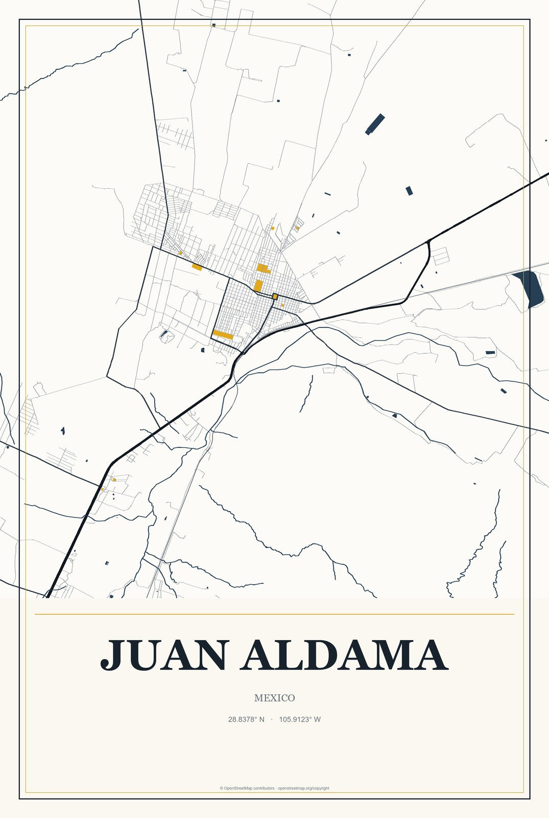 Juan Aldama, Chihuahua, Mexico City Map Aluminum Sign in Citrine Modern style