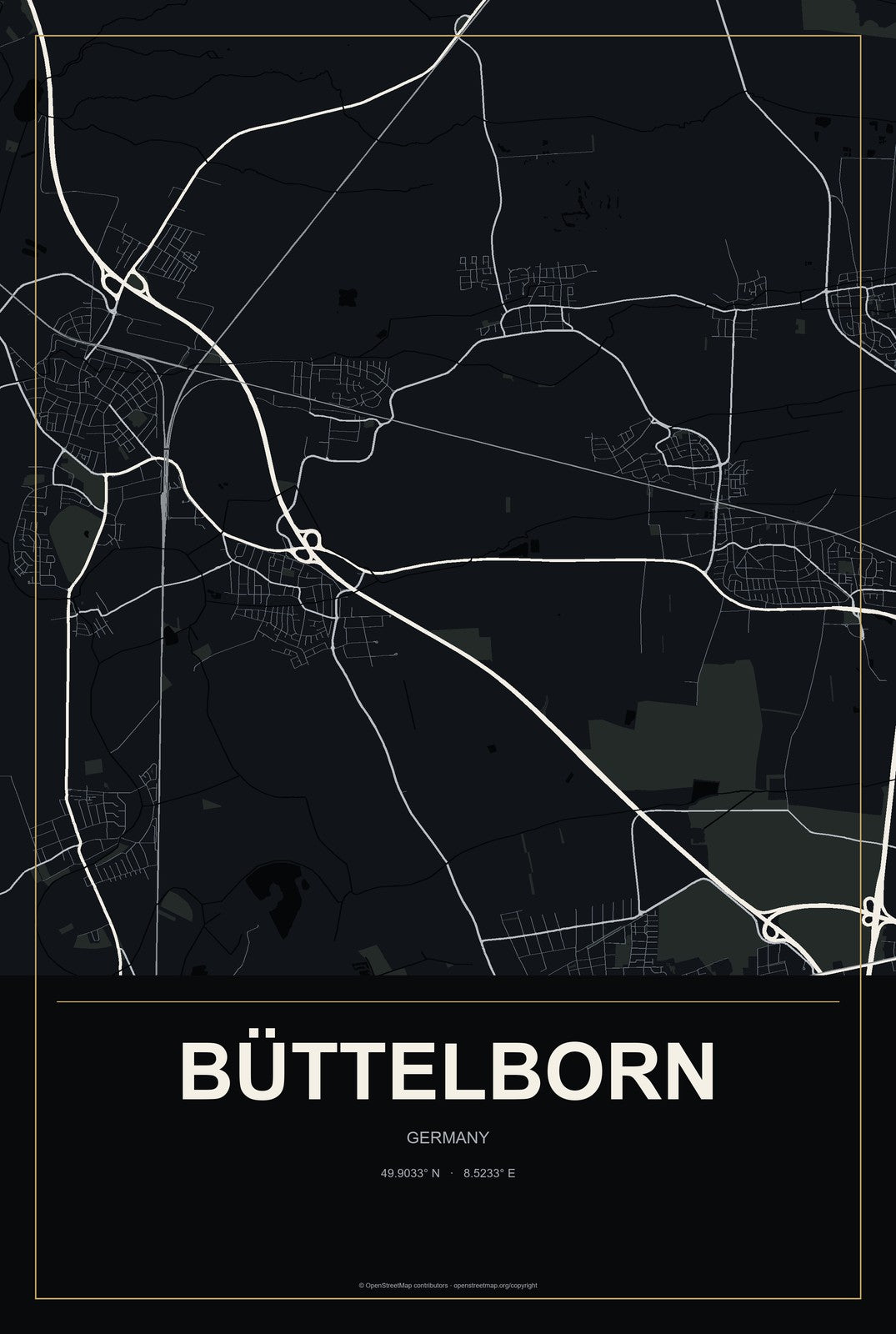Büttelborn, Germany City Map Aluminum Sign in Metropolitan Noir style