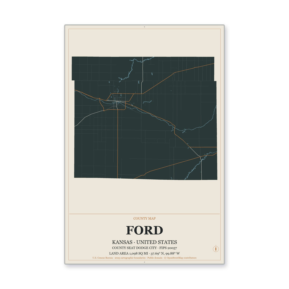 Ford County, Kansas Map Aluminum Sign in Headline Atlas style