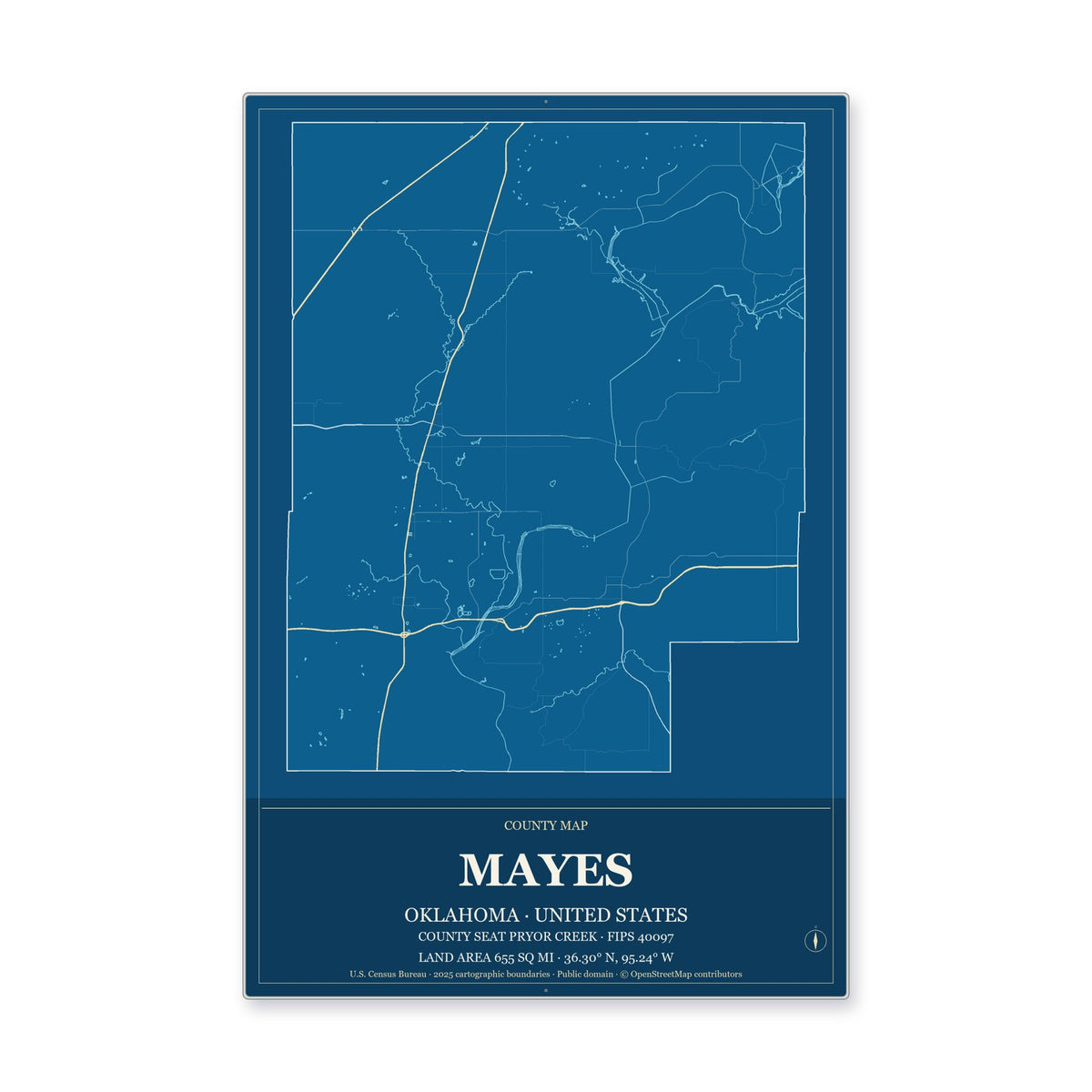 Mayes County, Oklahoma Map Aluminum Sign in Harbor Cobalt style
