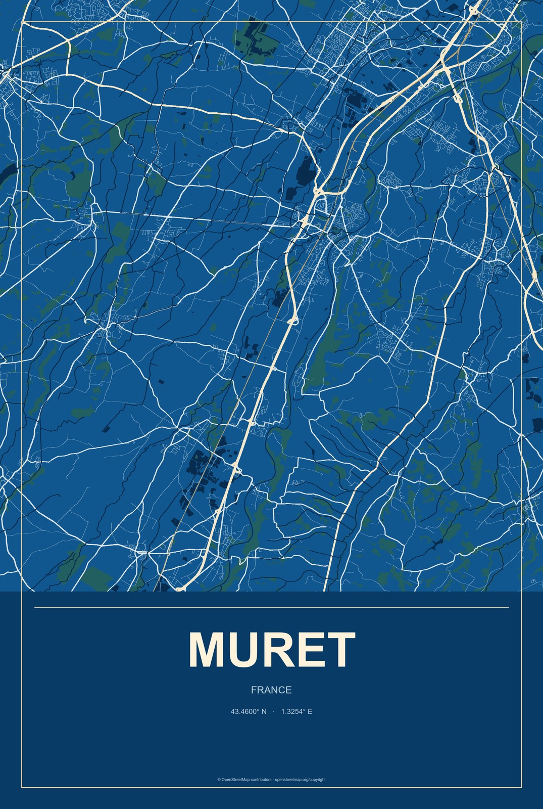 Muret, France City Map Aluminum Sign in Harbor Cobalt style